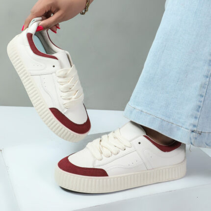 کفش کتونی زنانه مدل فشیون رنگ کرم زرشکی 77876