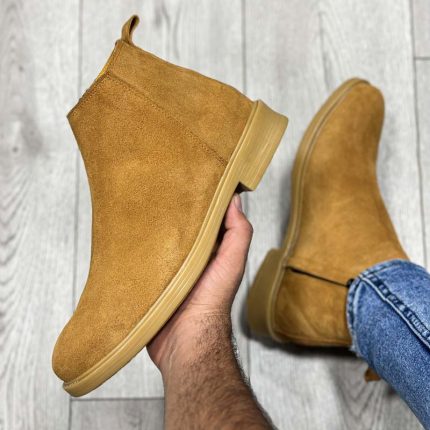 بوت مردانه مدل چلسی زیپدار چرم طبیعی جیر رنگ عسلی کد 95300