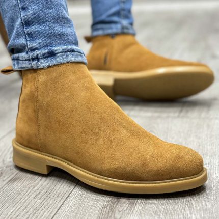 بوت مردانه مدل چلسی زیپدار چرم طبیعی جیر رنگ عسلی کد 95300