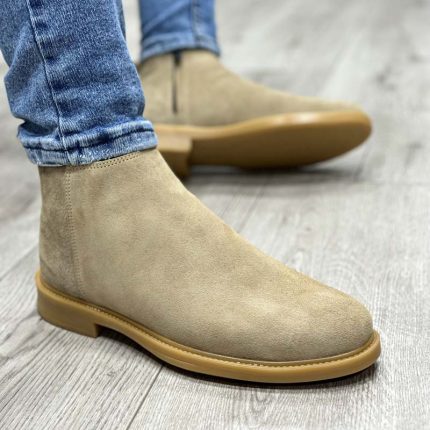 بوت مردانه مدل چلسی زیپدار چرم طبیعی جیر رنگ خاکی کد 95000