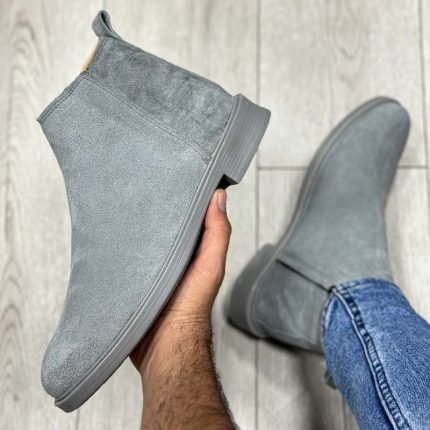 بوت مردانه مدل چلسی زیپدار چرم طبیعی جیر رنگ طوسی کد 95200