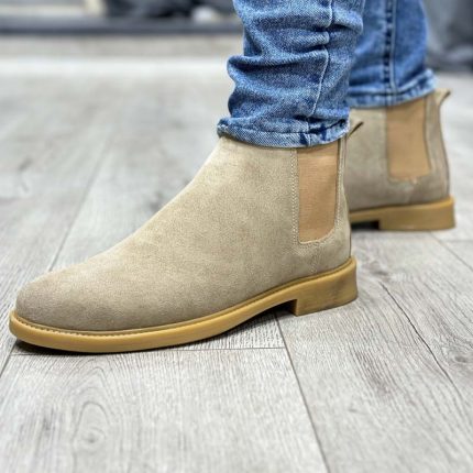 بوت مردانه مدل چلسی چرم طبیعی جیر رنگ خاکی کد 85000