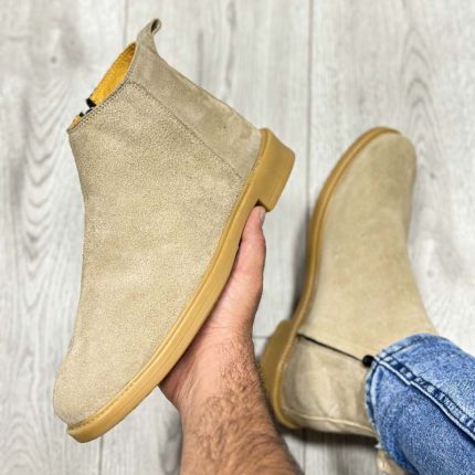 بوت مردانه مدل چلسی زیپدار چرم طبیعی جیر رنگ خاکی کد 95000