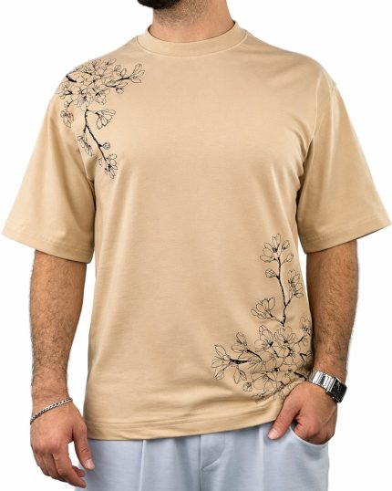 تیشرت مردانه اسپرت اورسایز فیت گلدوزی طرح گل رنگ کرم کد 901155